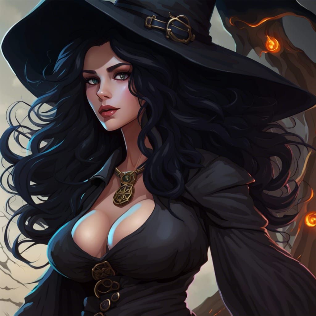 Fantasy Witch with Flowing Black Hair