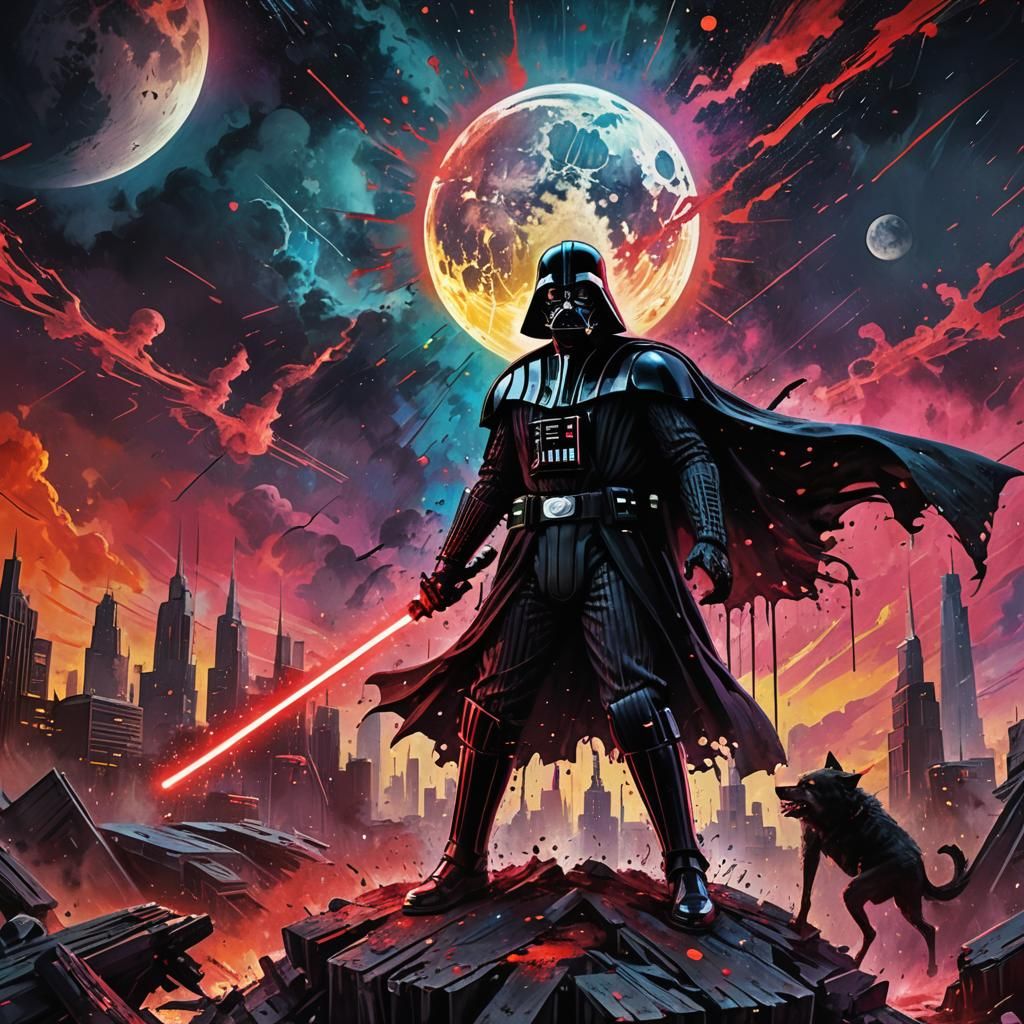 Darth Vader vs Cyber-Werewolf in Dark Fantasy Style