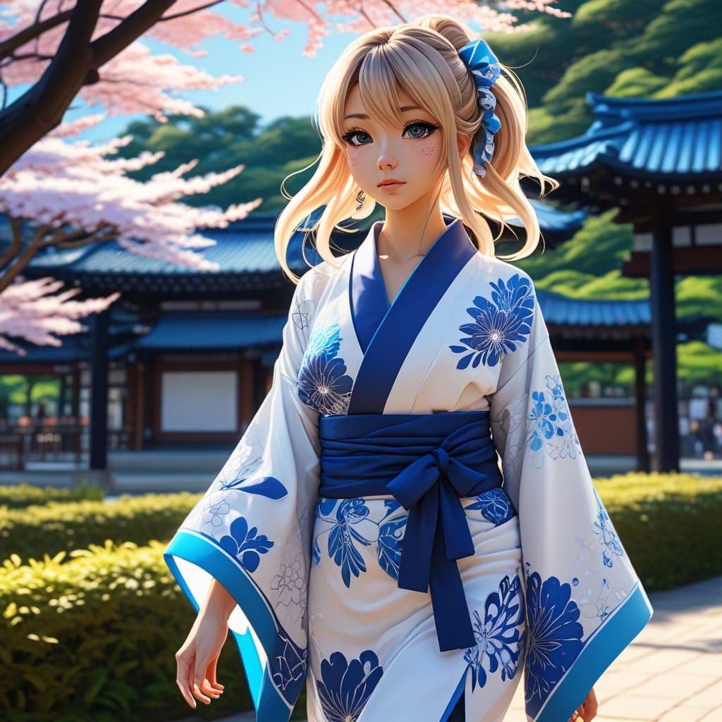 Gyaru Girl in Kimono: Manga Style Park Scene