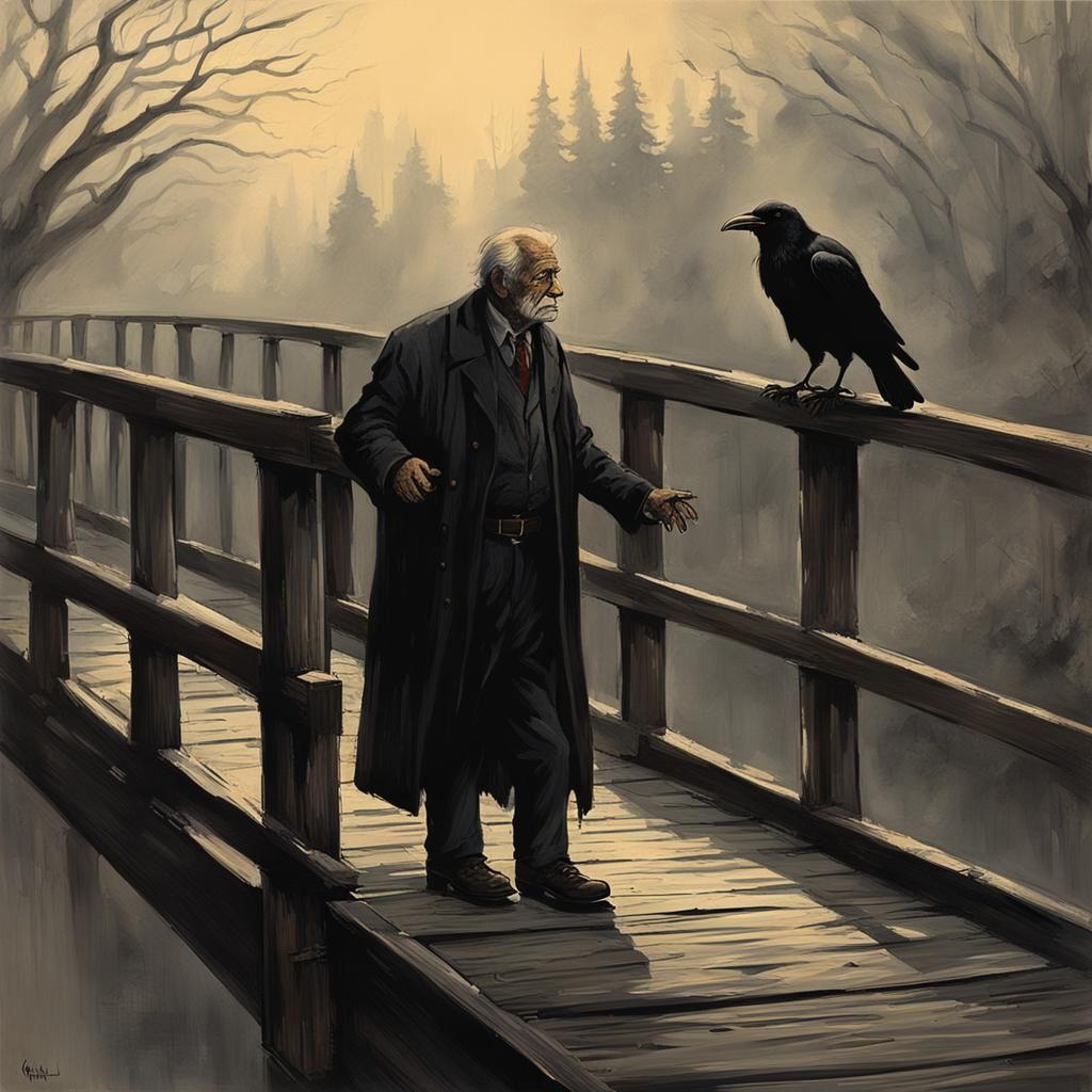Sinister Crow Guides Man Across Bridge