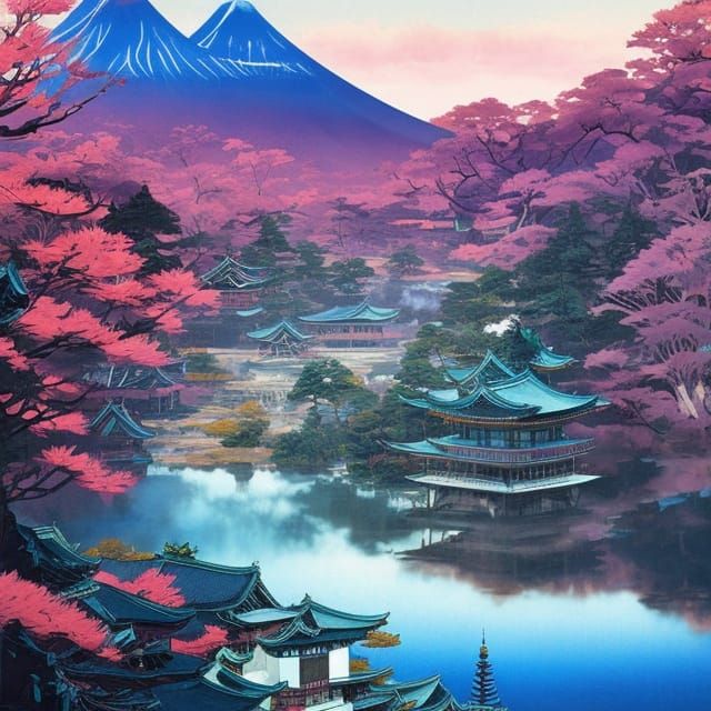 Japanese Palace with Mountain View in Anime Style