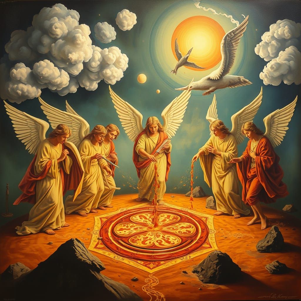 Angels Pouring Out Plagues: A Surreal Oil Painting