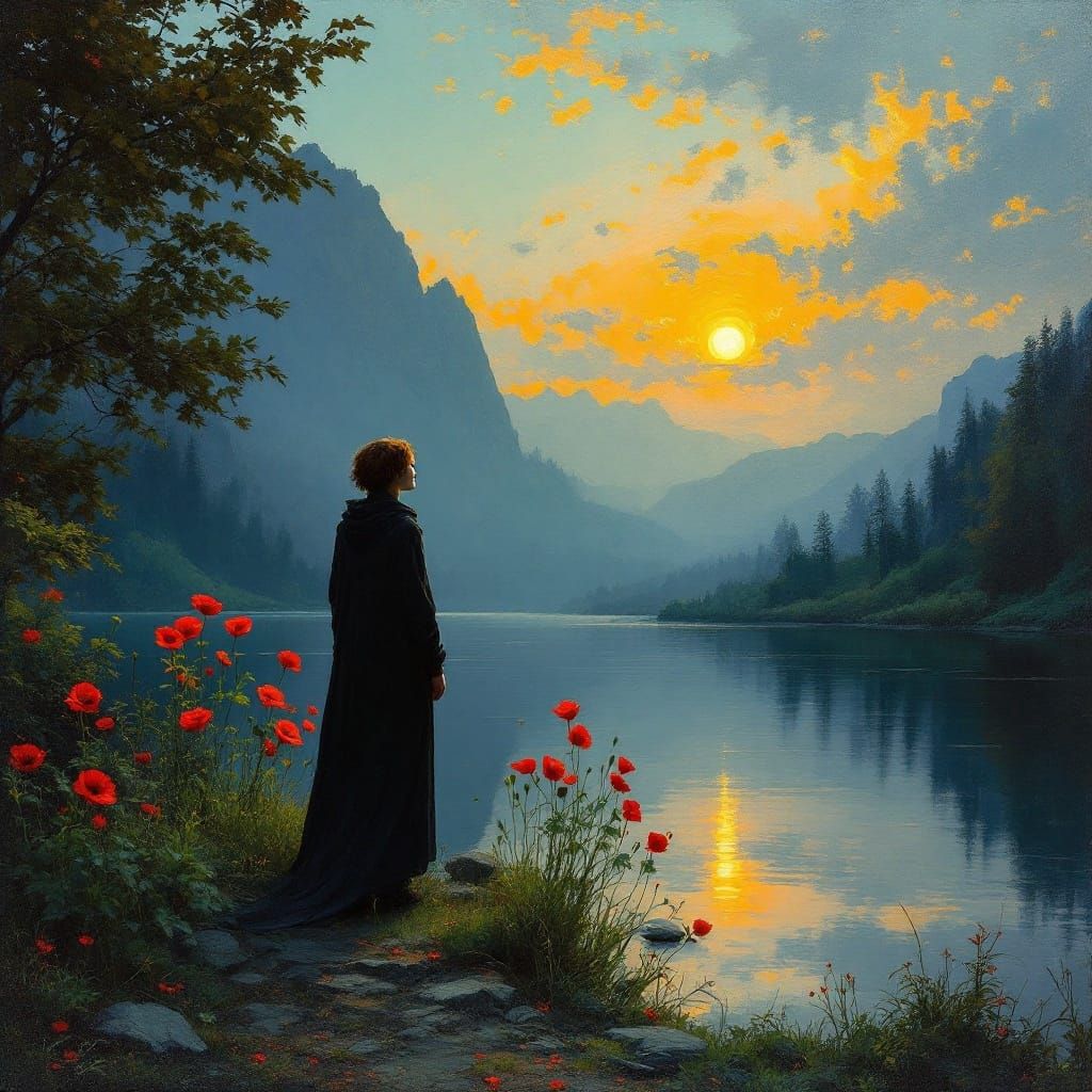 Figure Contemplates Lake at Dusk in Romantic Style