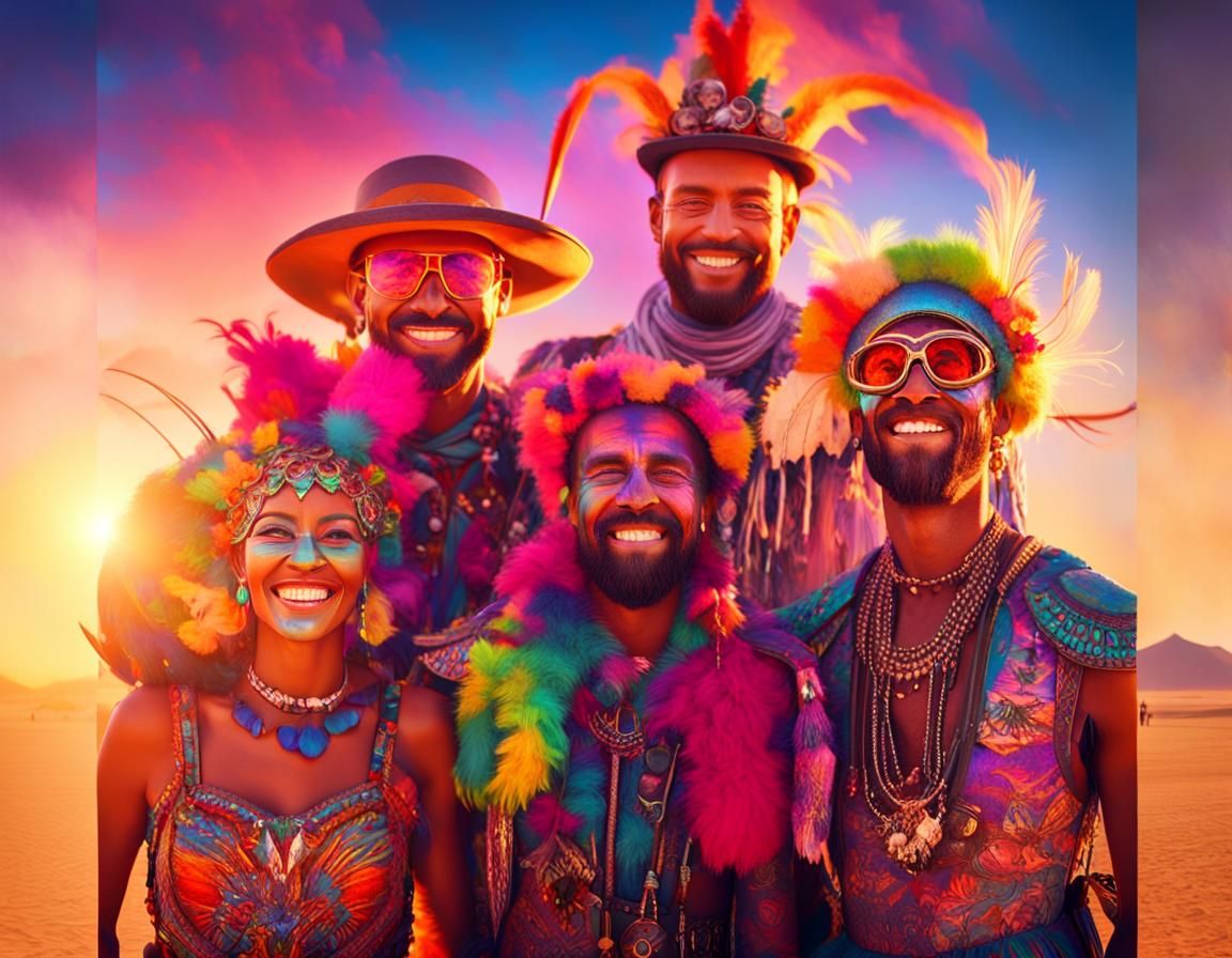 Colorfully Costumed People Smiling at Burning Man
