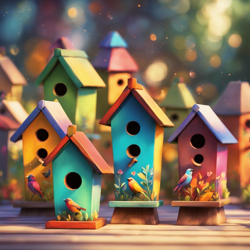 Stylized Birdhouses and Birds in Flight