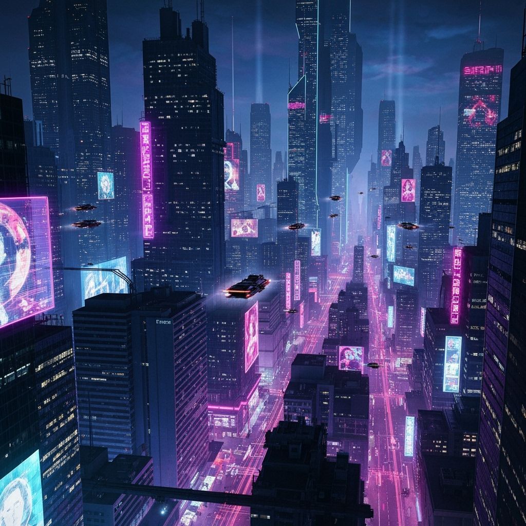Cyberpunk Cityscape at Night with Flying Cars