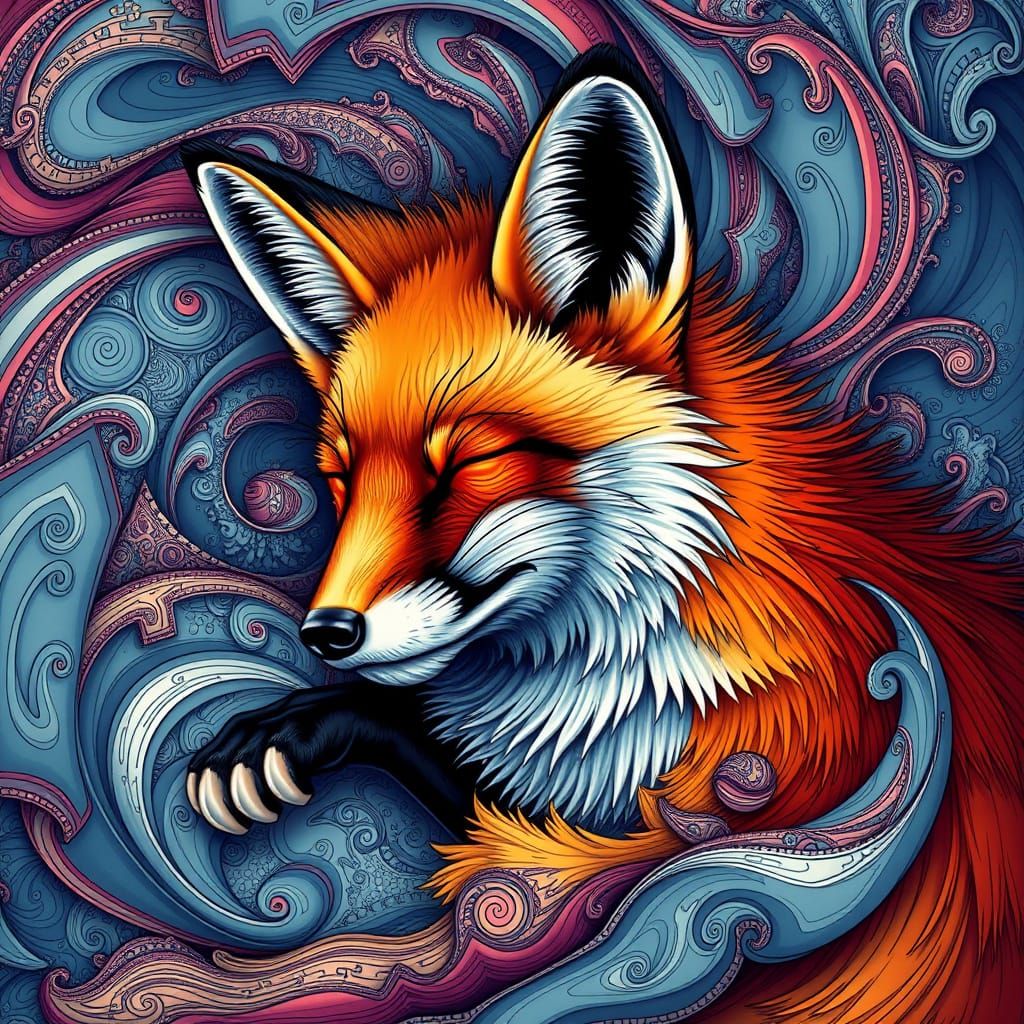 Relaxed Fox with Swirling Abstract Fractal Patterns