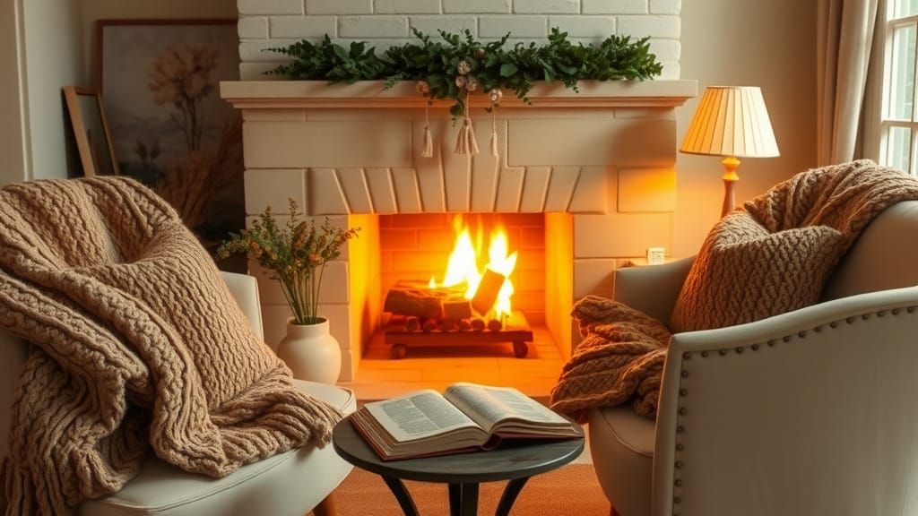 Comforting Living Room with Fireplace in Watercolor Style