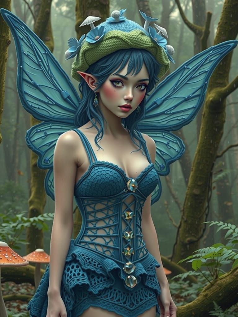 Surreal Crochet Punk Fairy Amidst Muted Forest