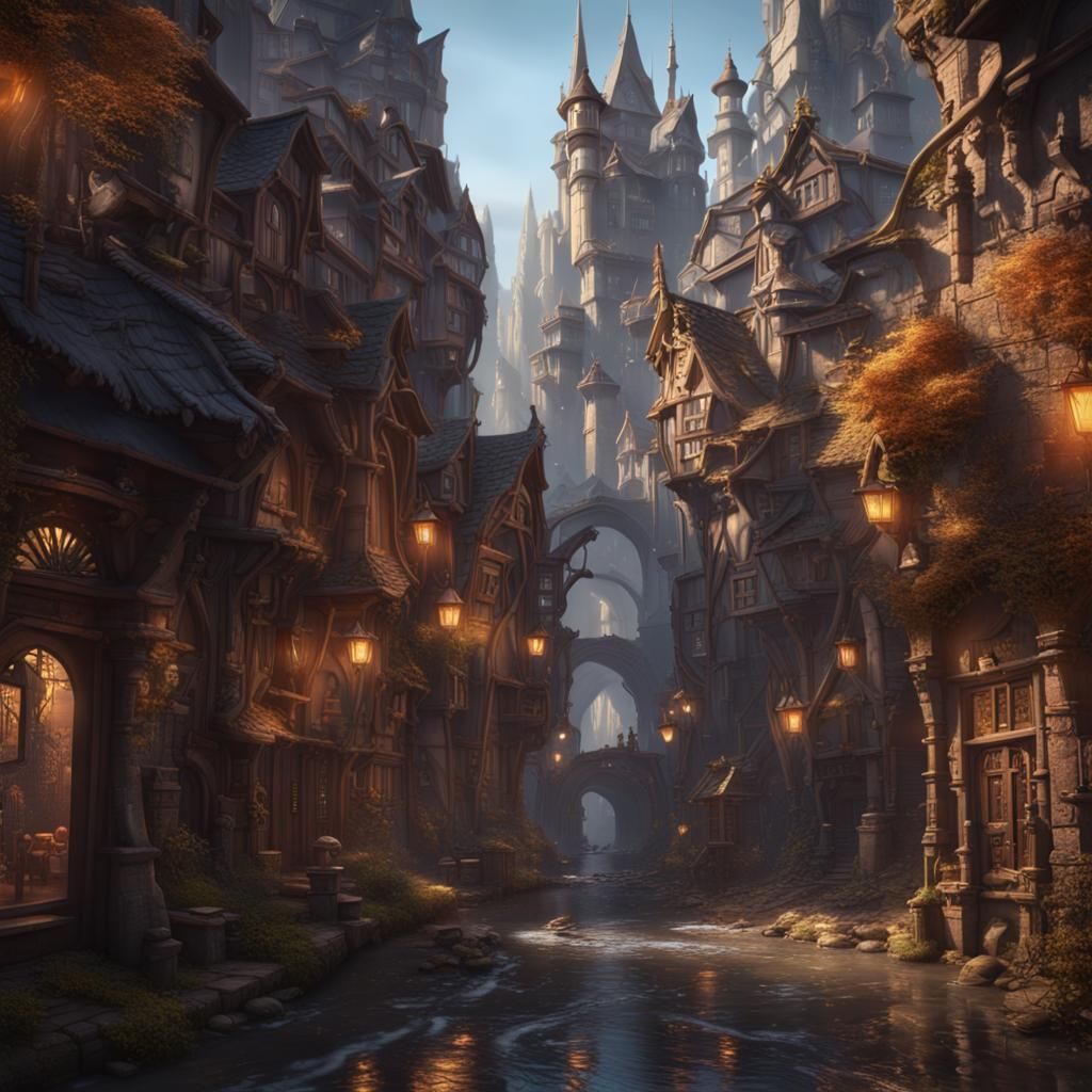 Fantasy City: Early Morning Splendor in Detailed Digital Art