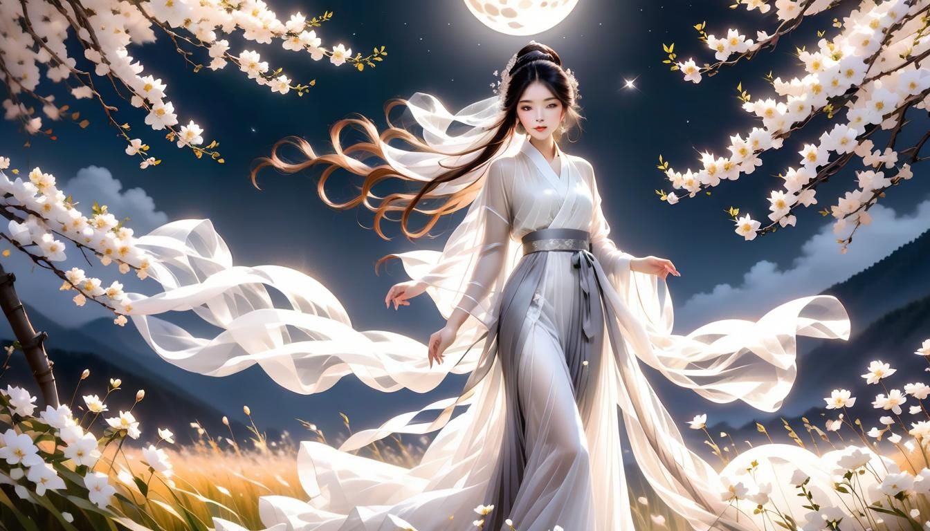 Mystical Asian Flower Spirit in Moonlight