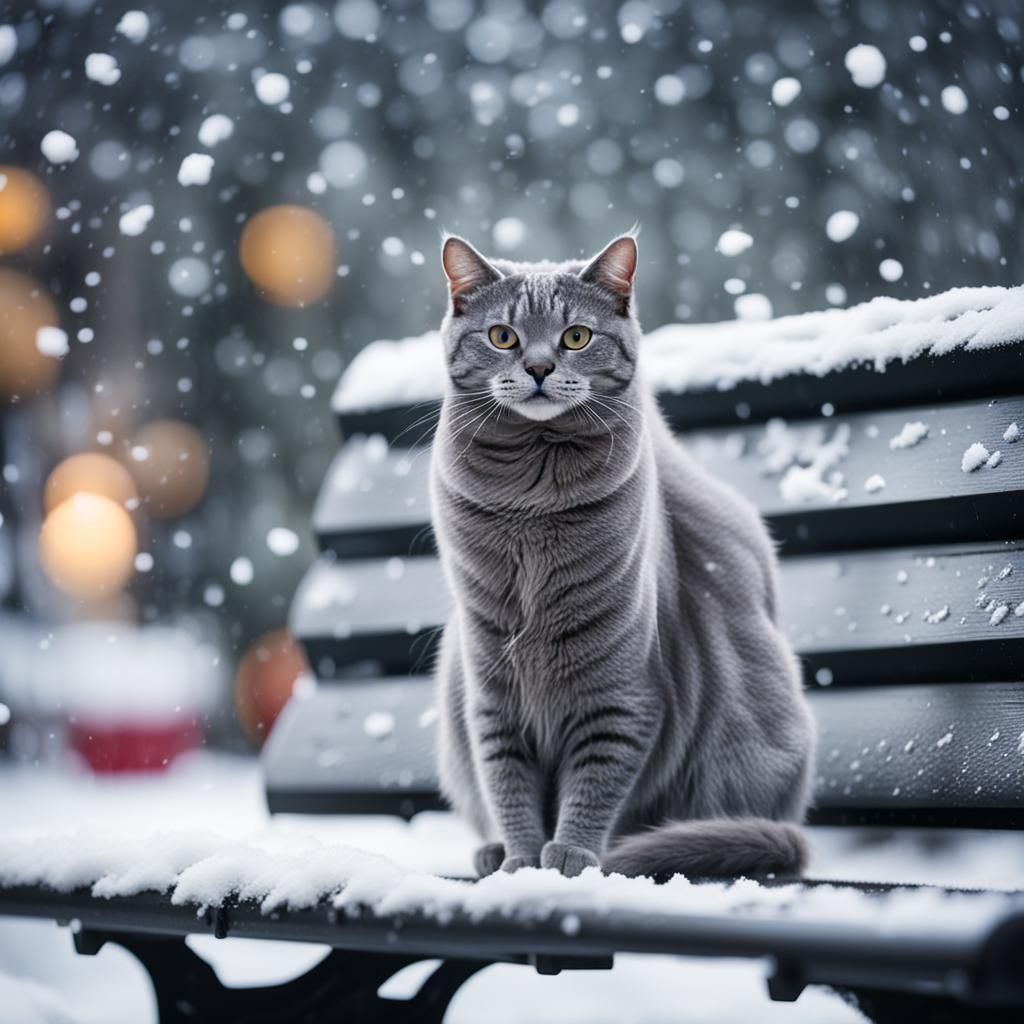 Gray Cat on Bench in Snow: Professional Photography