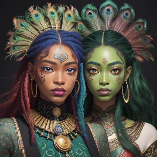 Fantasy Portrait with Peacock Feathers in Abstract Expressio...