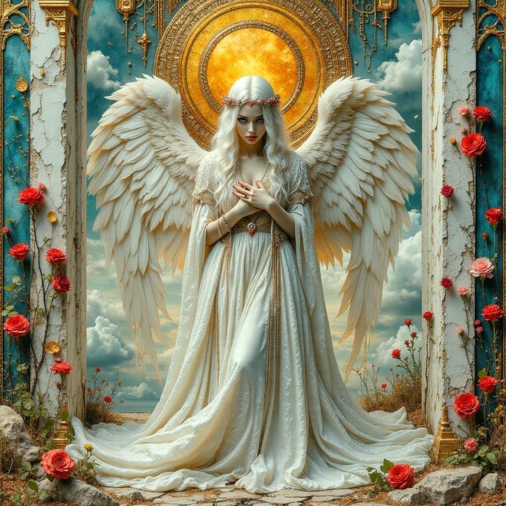 Fallen Angel in Ruins with Rose Crown