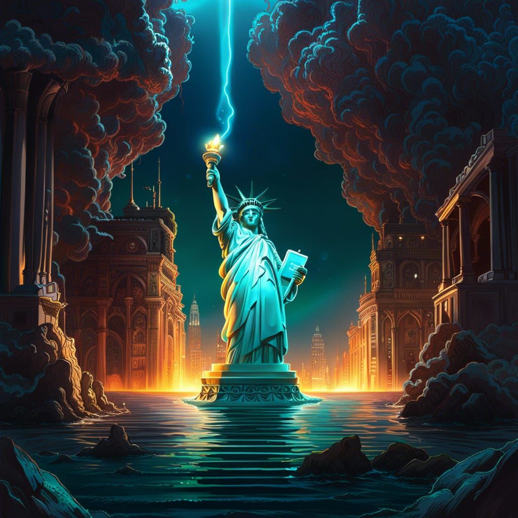 Underwater Statue of Liberty with Bioluminescent Light