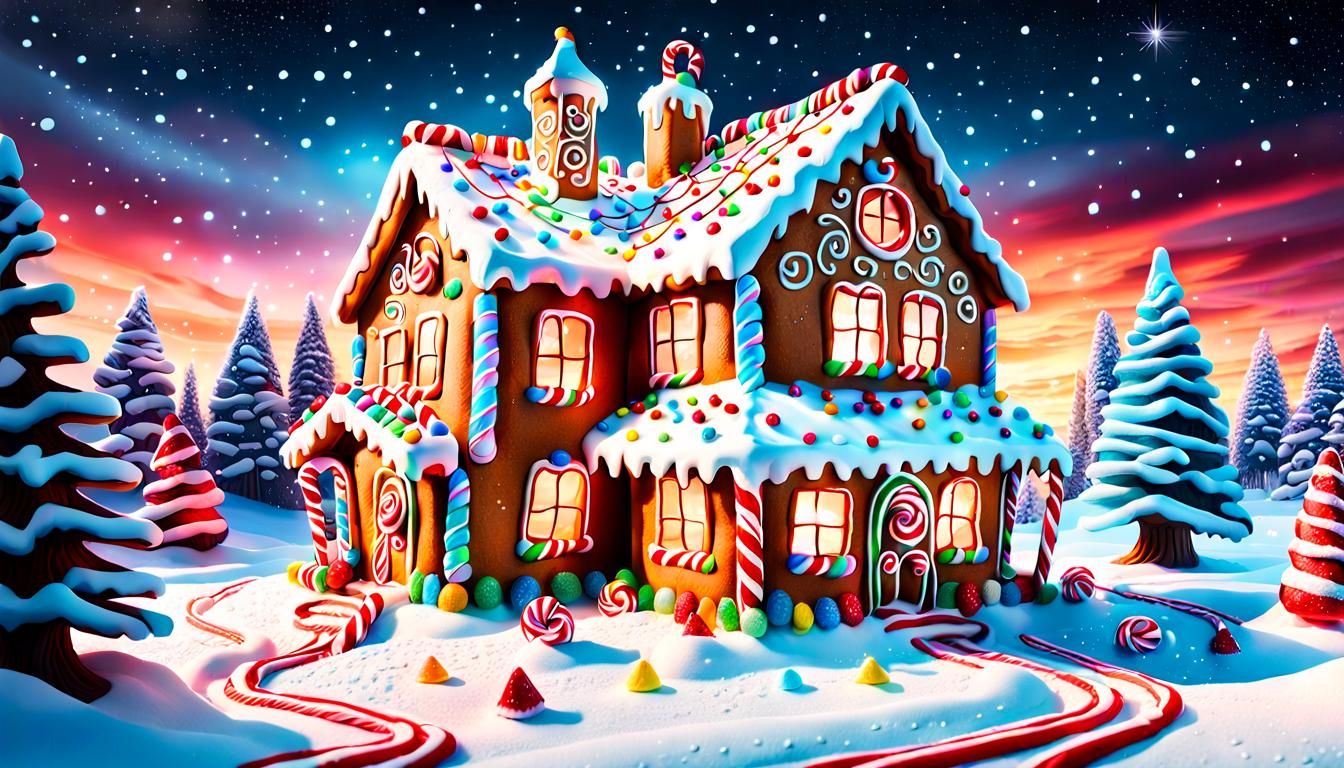 Surrealist Gingerbread House in Whimsical Snowy Christmas Sc...