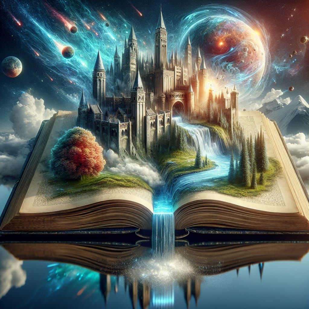Majestic Castle Waterfall Emerging from Open Book