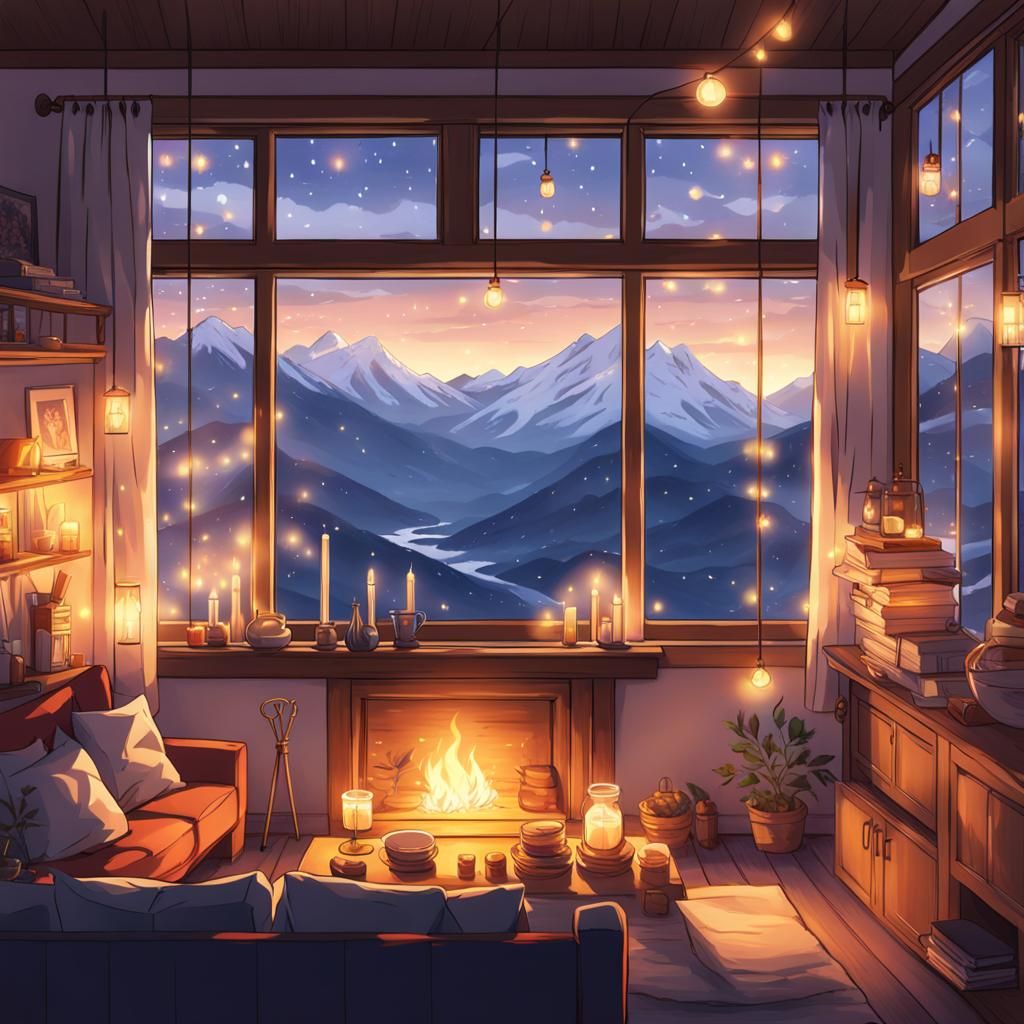 Cozy Living Room with Mountain View, Anime Style