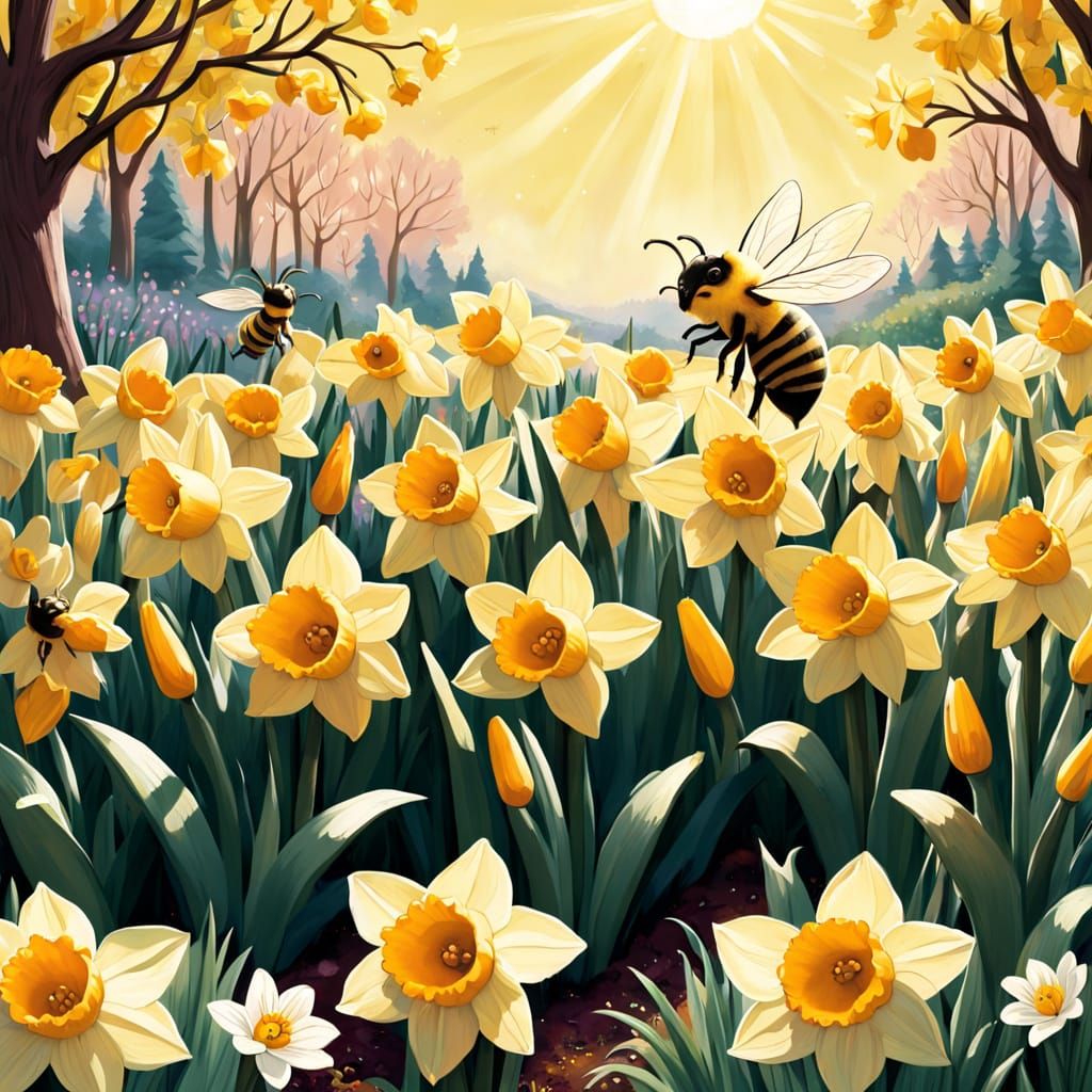 Vibrant Daffodil Garden in Whimsical Gouache Style