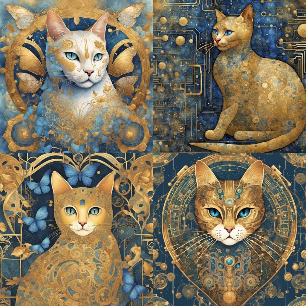 Whimsical Klimt-Inspired Cat Painting in Vintage Storybook S...