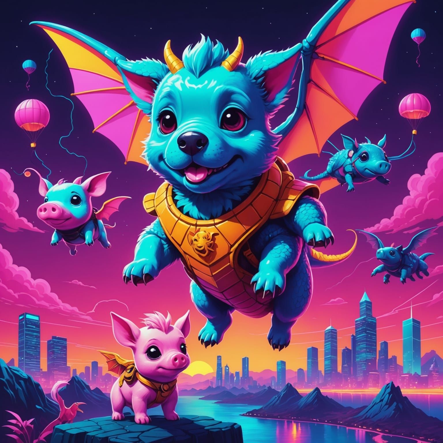 Puppy and Dragon Flight with Parachuting Pigs: Synthwave Art