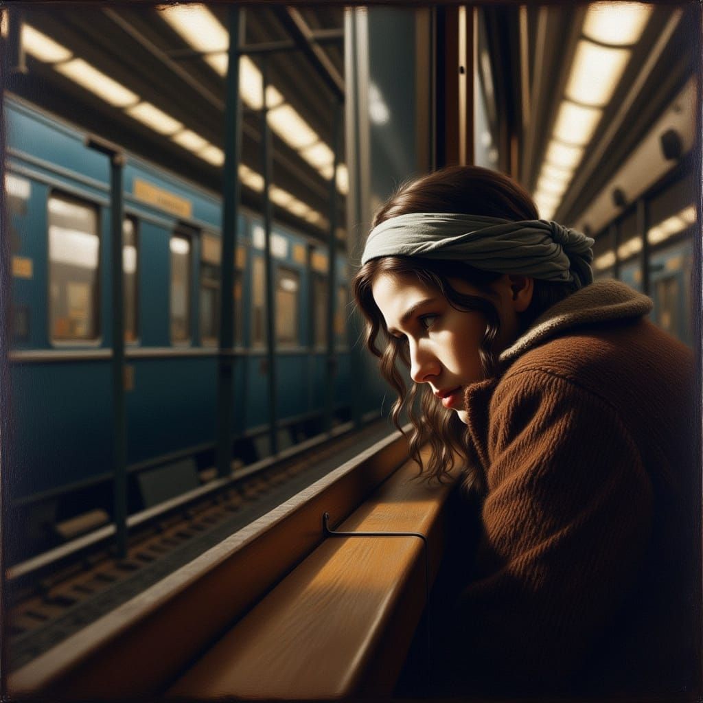 Mysterious Woman Observes Cityscape by Train Window