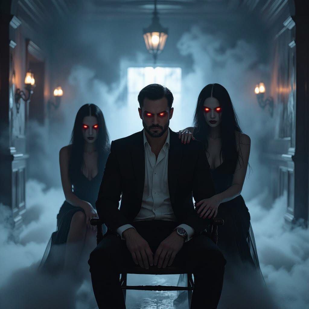 Demonic Women Surround Man in Haunted House