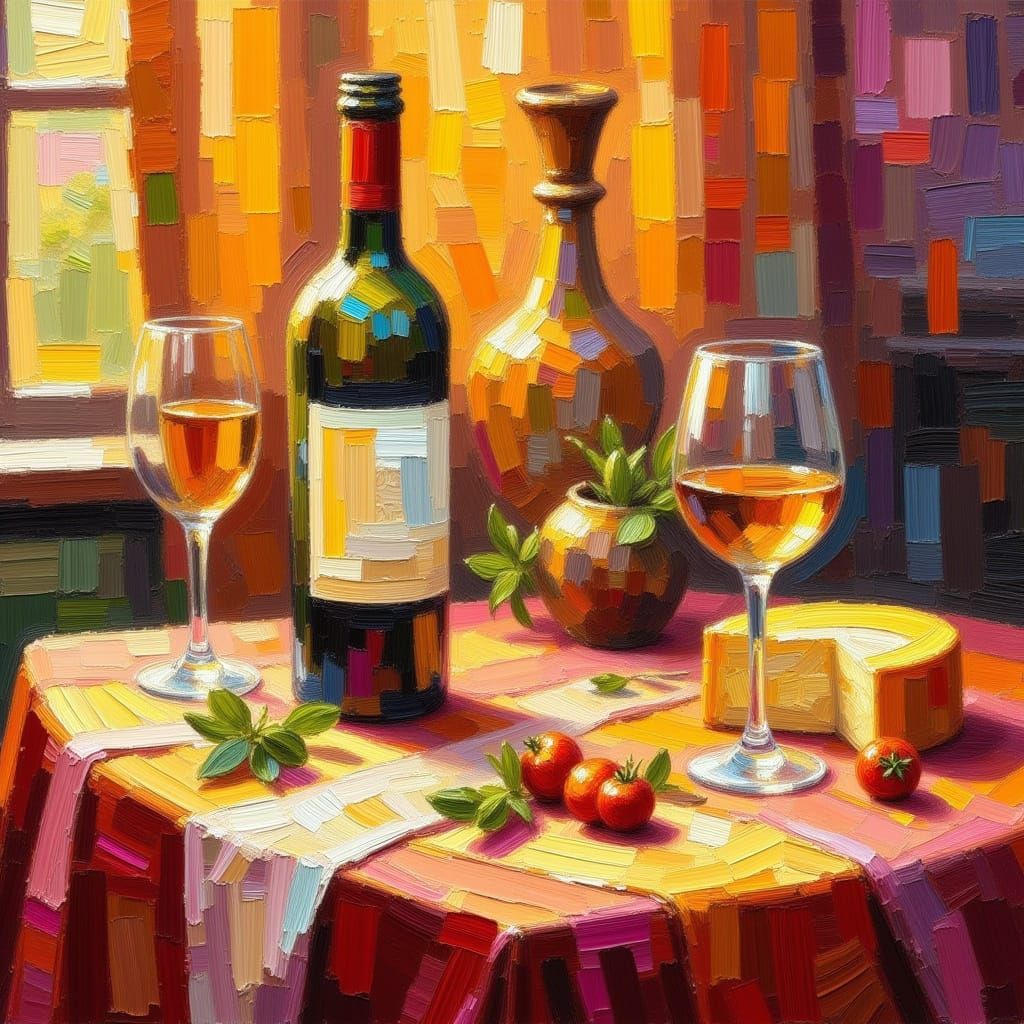 Wine and Cheese Still Life in Fauvist Style