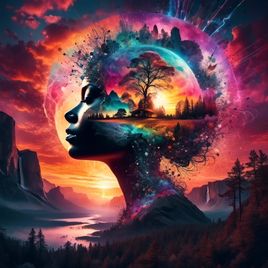 Mystical Head with Double Exposure Sunset Landscape