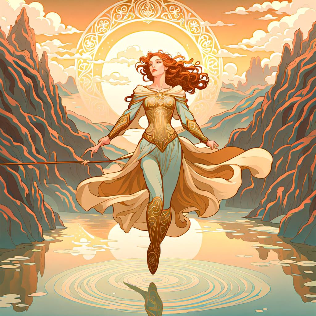 Knight Levitating Over Lake in Art Nouveau Style