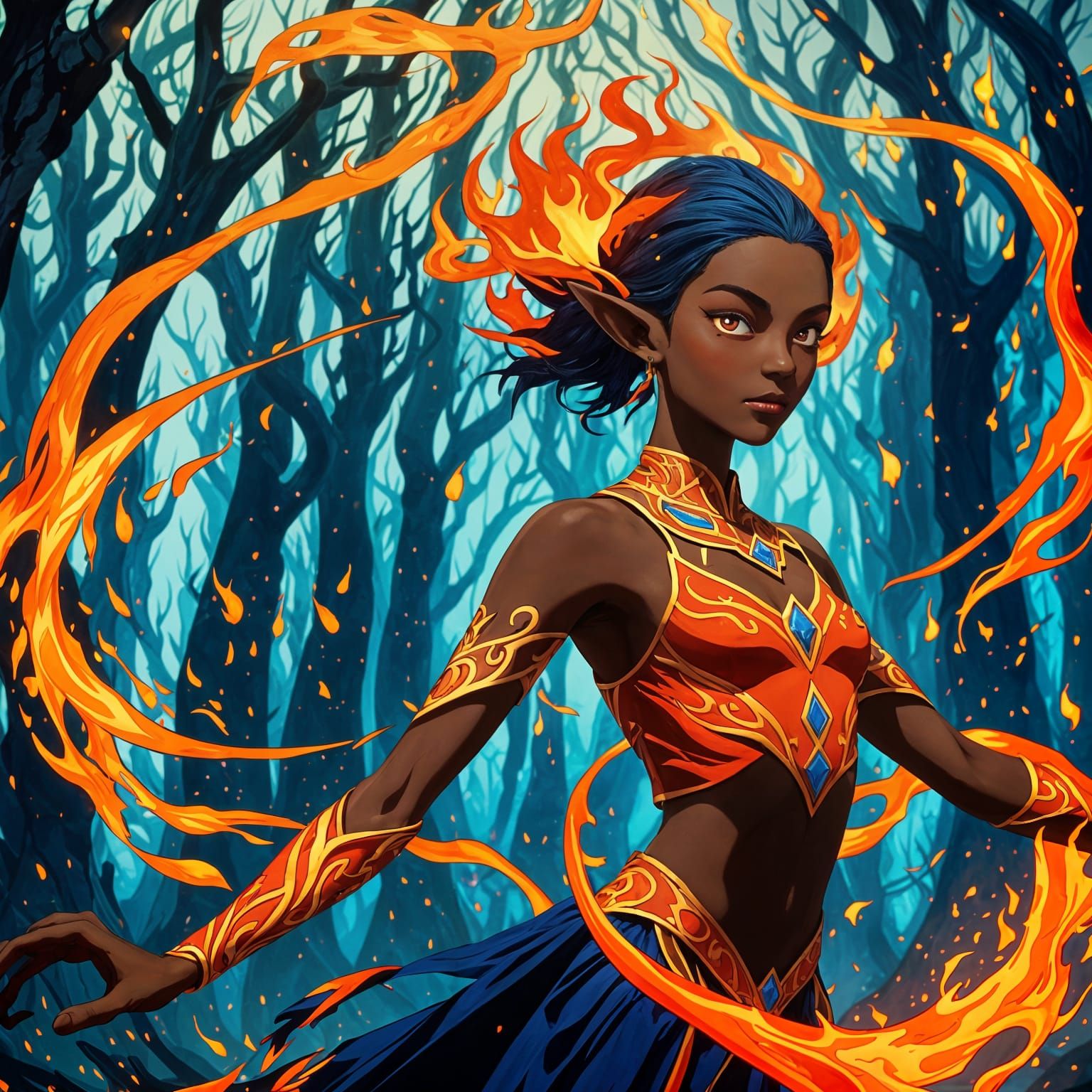 Dancing Elf Bending Flames in Anime Style