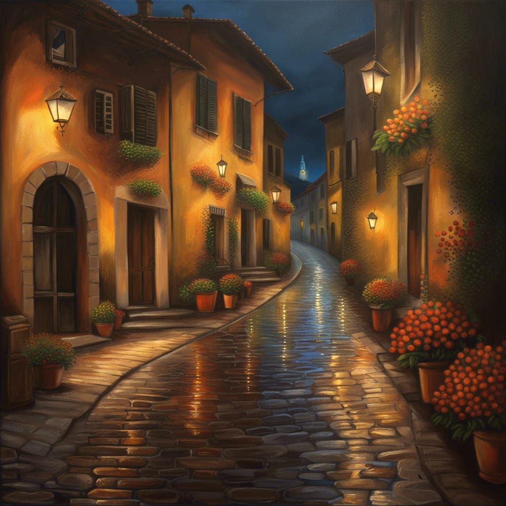 Tuscan Village at Night, Oil Painting