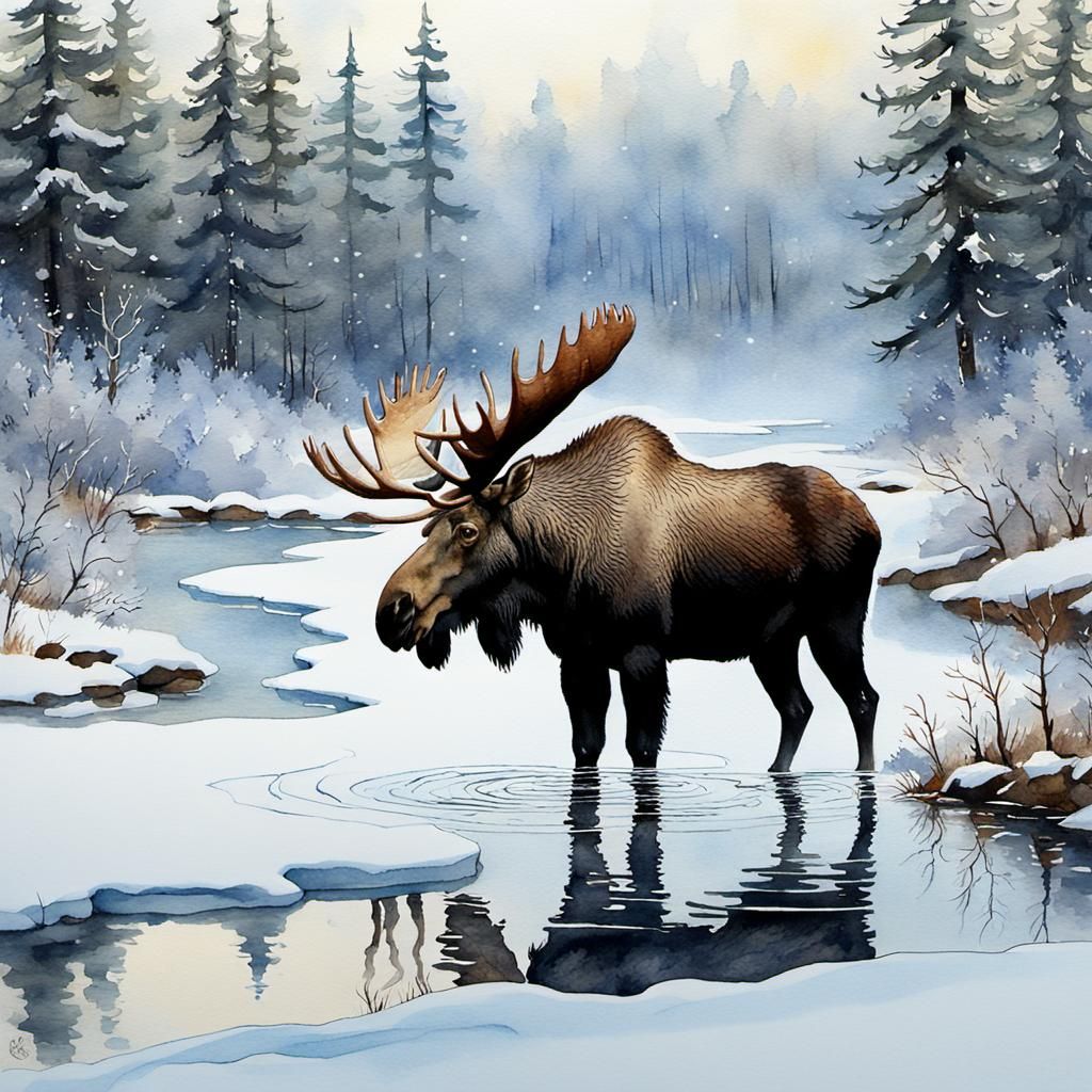 Moose in Winter Forest Landscape as Watercolor Painting