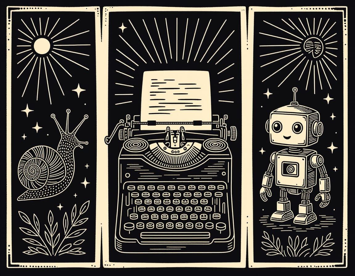 Minimalist Linocut Triptych: Snail, Typewriter, Robot