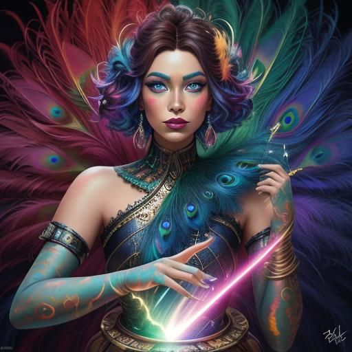 Rainbow Woman with Peacock Hair, Digital Art