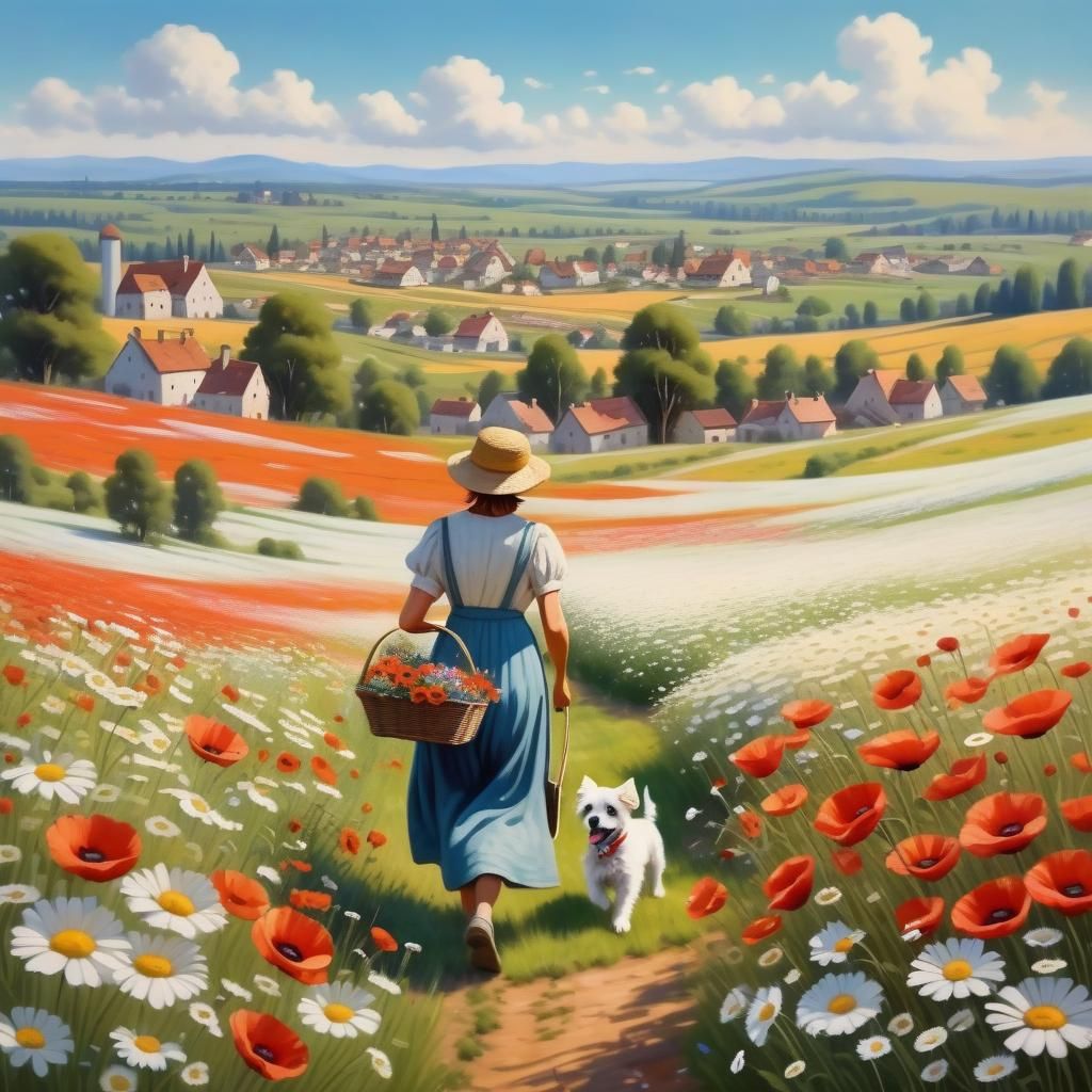 Woman and Dog in Poppy Field