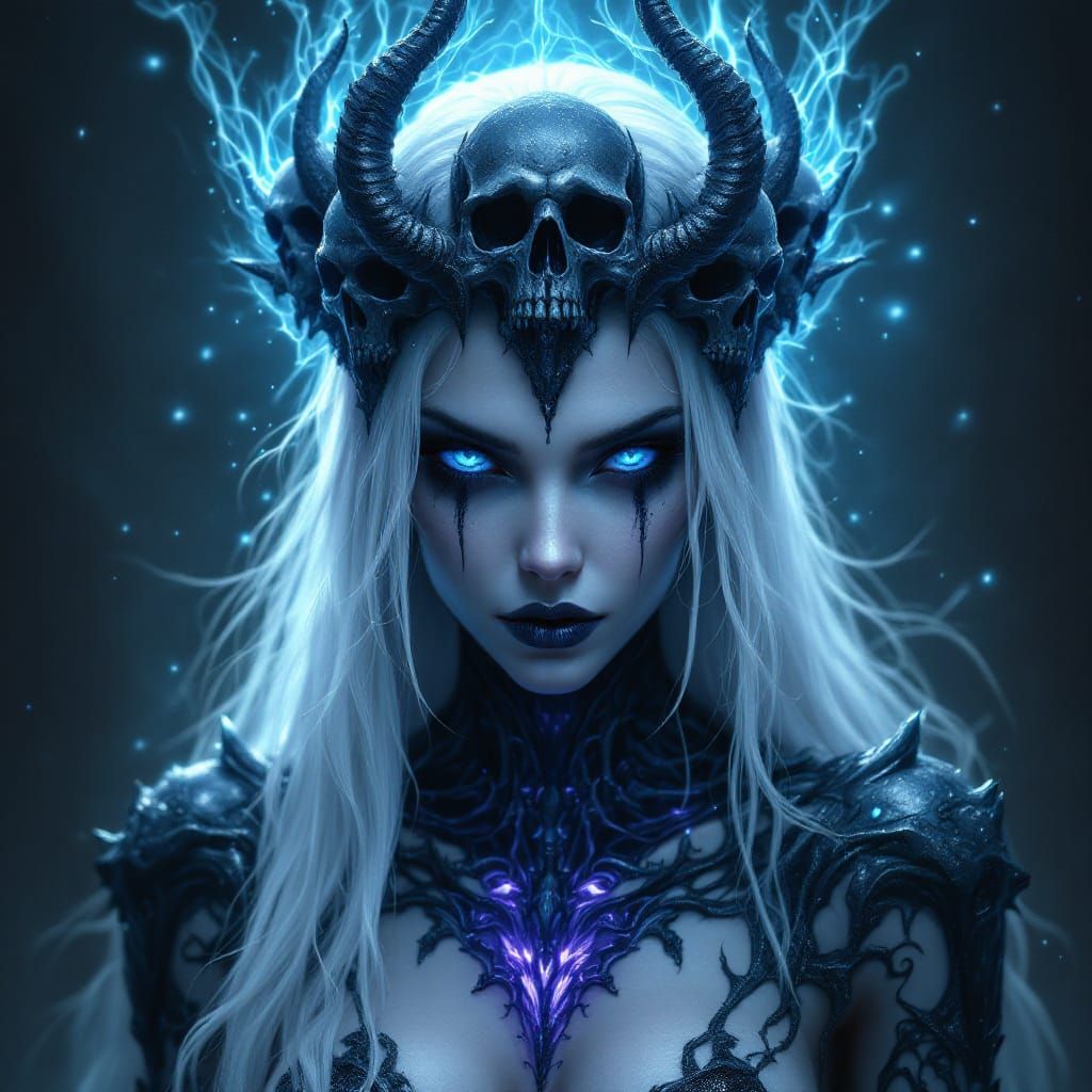 A beautiful, ghostly queen with a crown of dark skulls, long white hair, and piercing blue eyes. Her full body is surrou...
