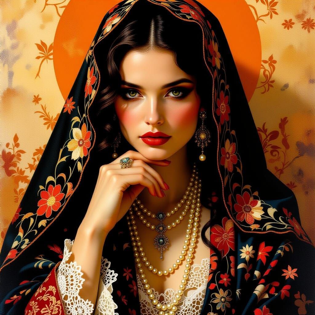 Contemplative Woman in Brocade Robe: Hyper-Realistic Oil Pai...