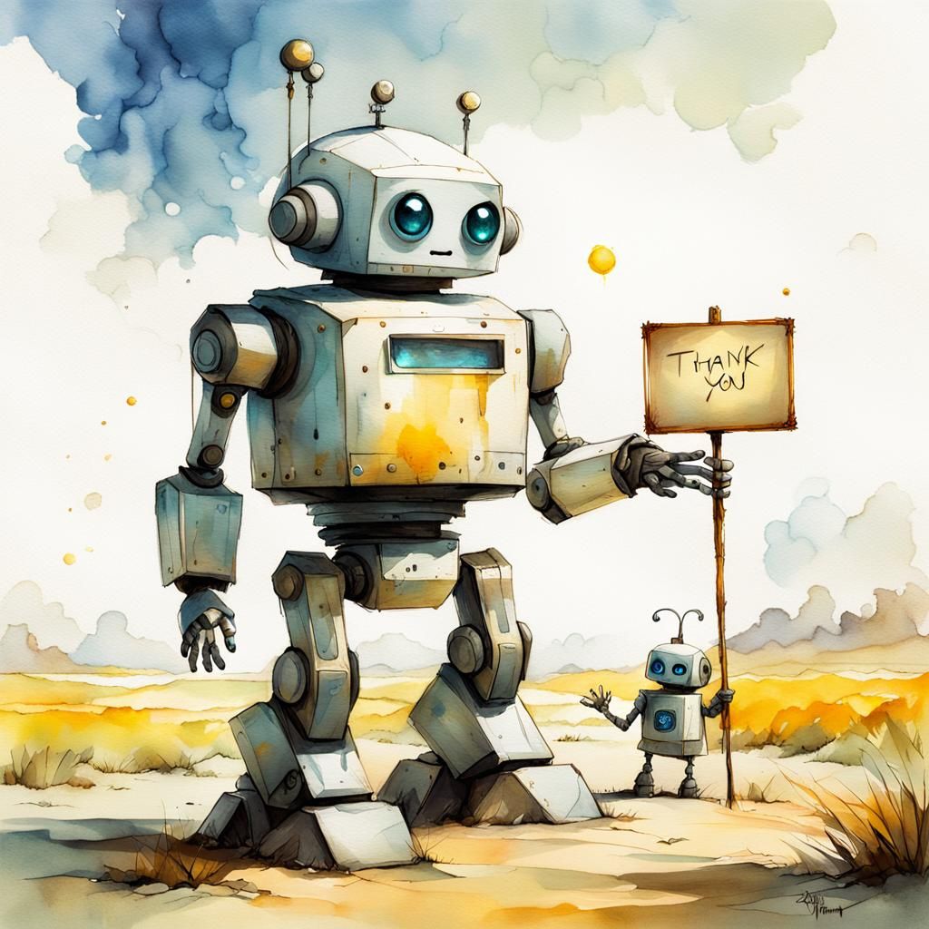 Cute Robot Thanks You: DreamWorks Watercolor Art