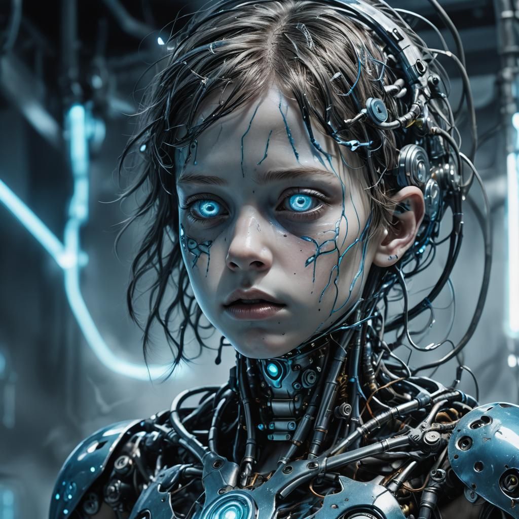 Diseased Cyborg Child in Biomechanical Surrealist Art