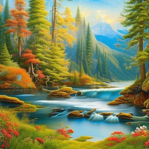 Dreamlike Forest Castle River Sunset in Detailed Gouache