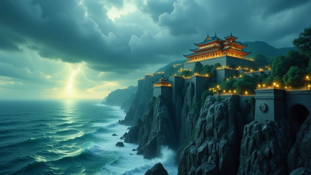 Ancient Chinese Fortress Overlooking Stormy Ocean