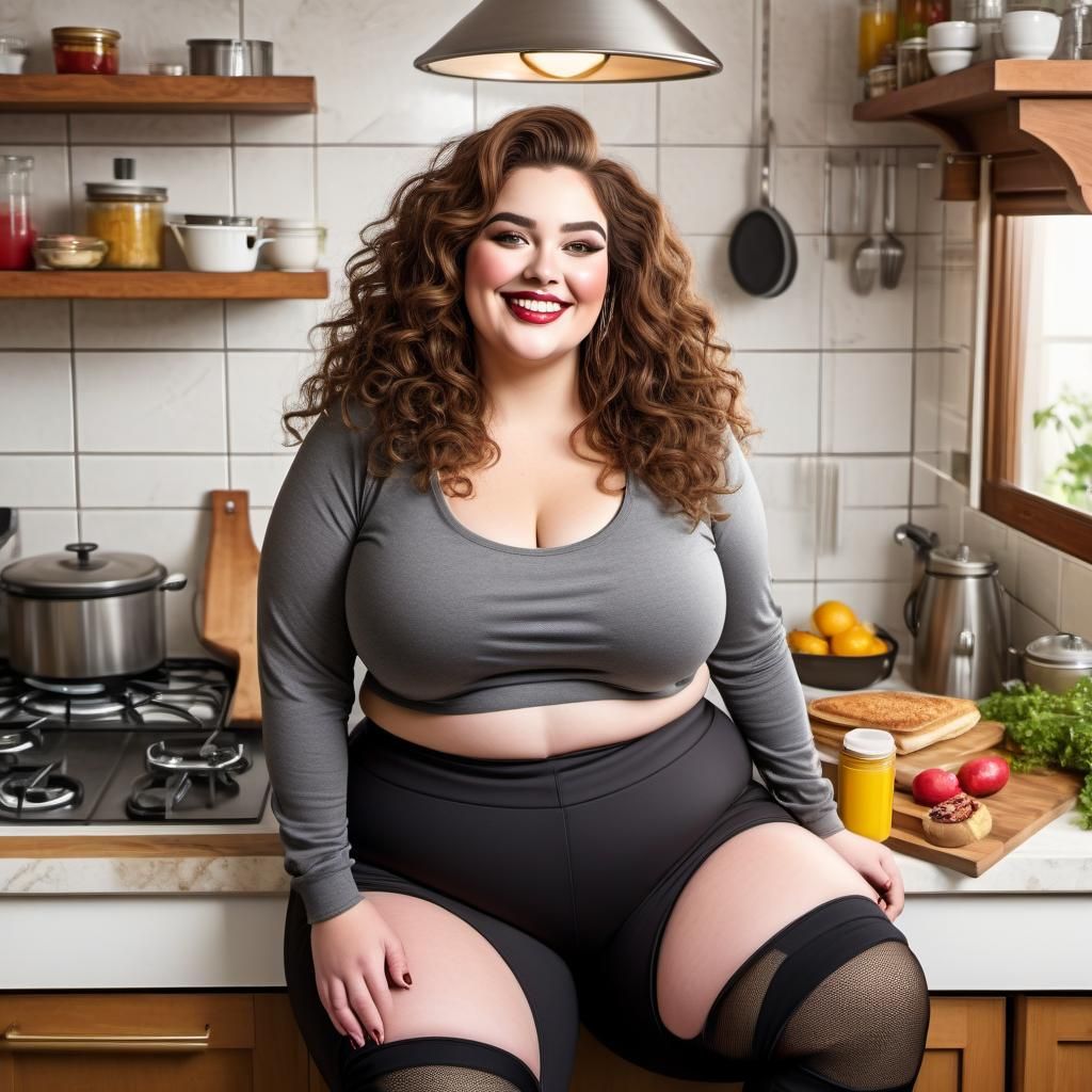 Beautiful Overweight Woman in an Elaborate Kitchen