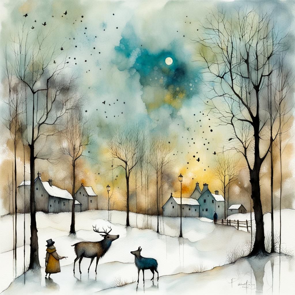 Winter Mood Illustration in Alcohol Ink Style