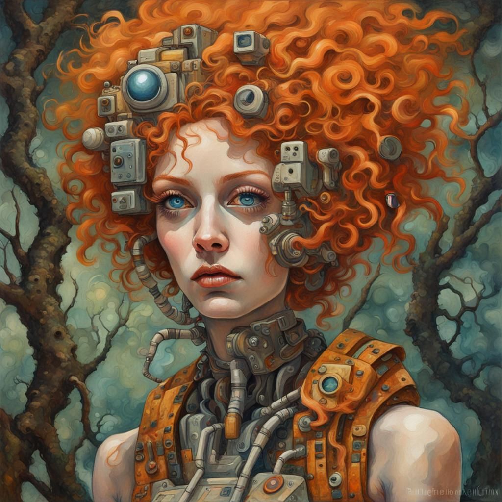 Robotic Woman in a Baroque Surrealist Landscape