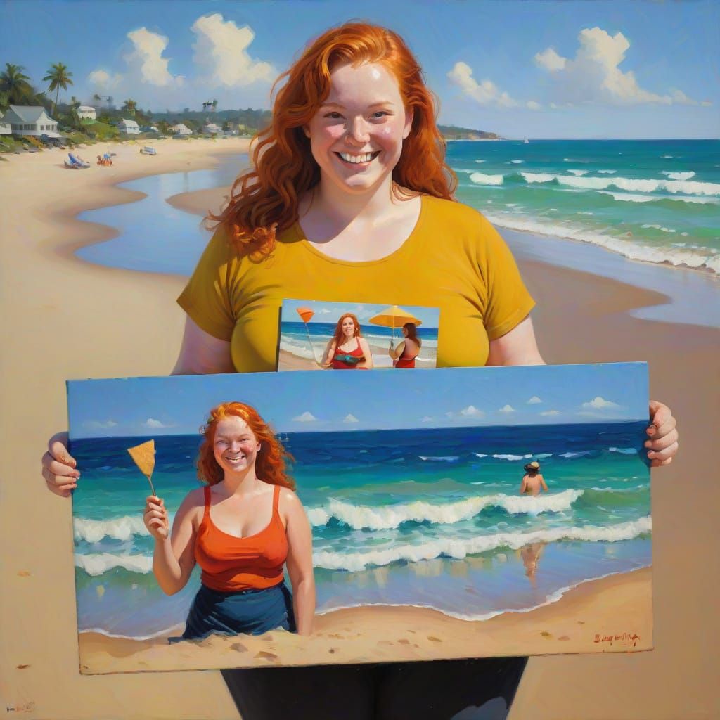 Full-Figured Ginger Woman in Self-Portrait Oil Painting