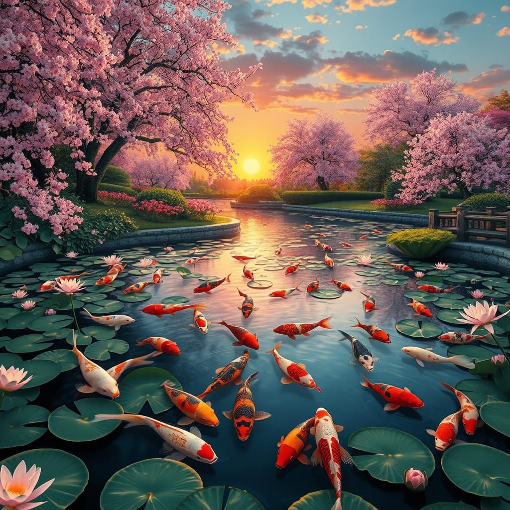 Dreamlike Koi Pond at Sunset in Art Nouveau Style