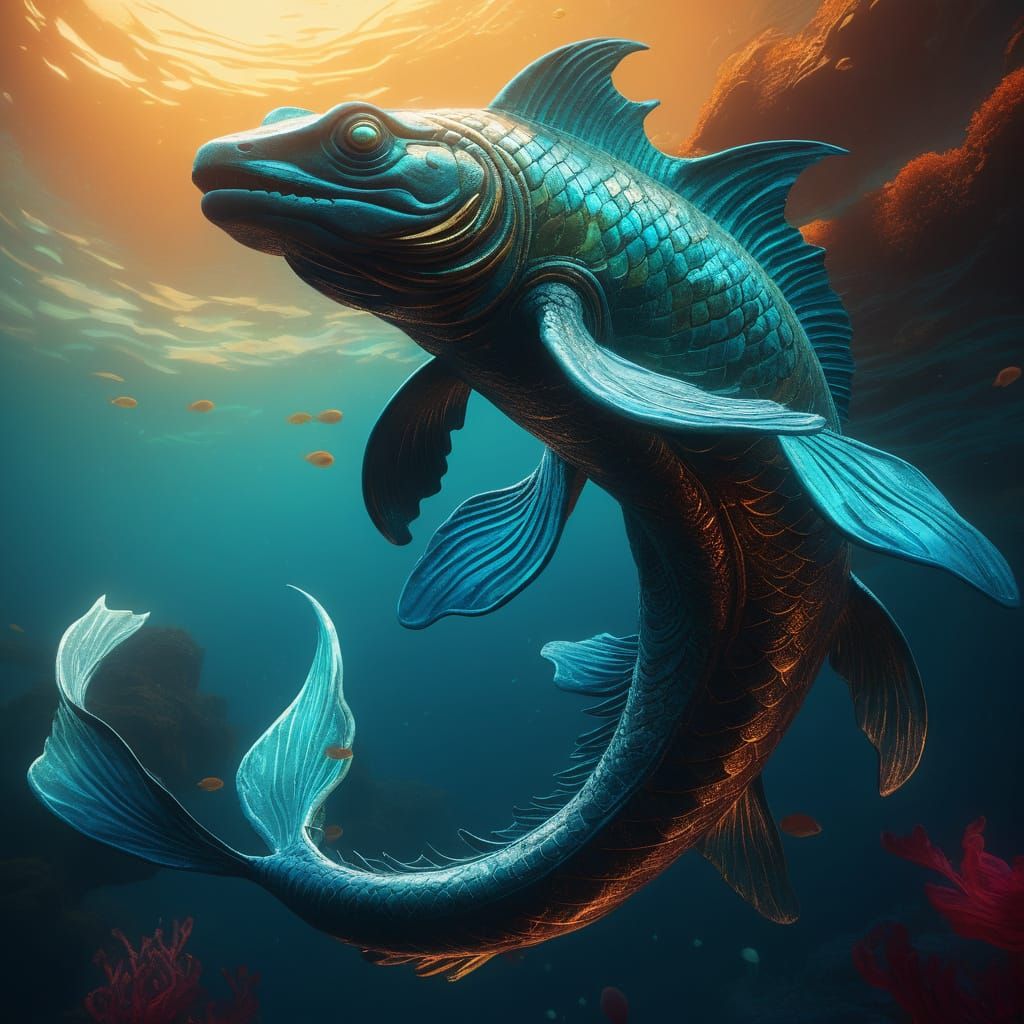 Ethereal Tiburon in Iridescent Ocean, Fantasy Matte Painting