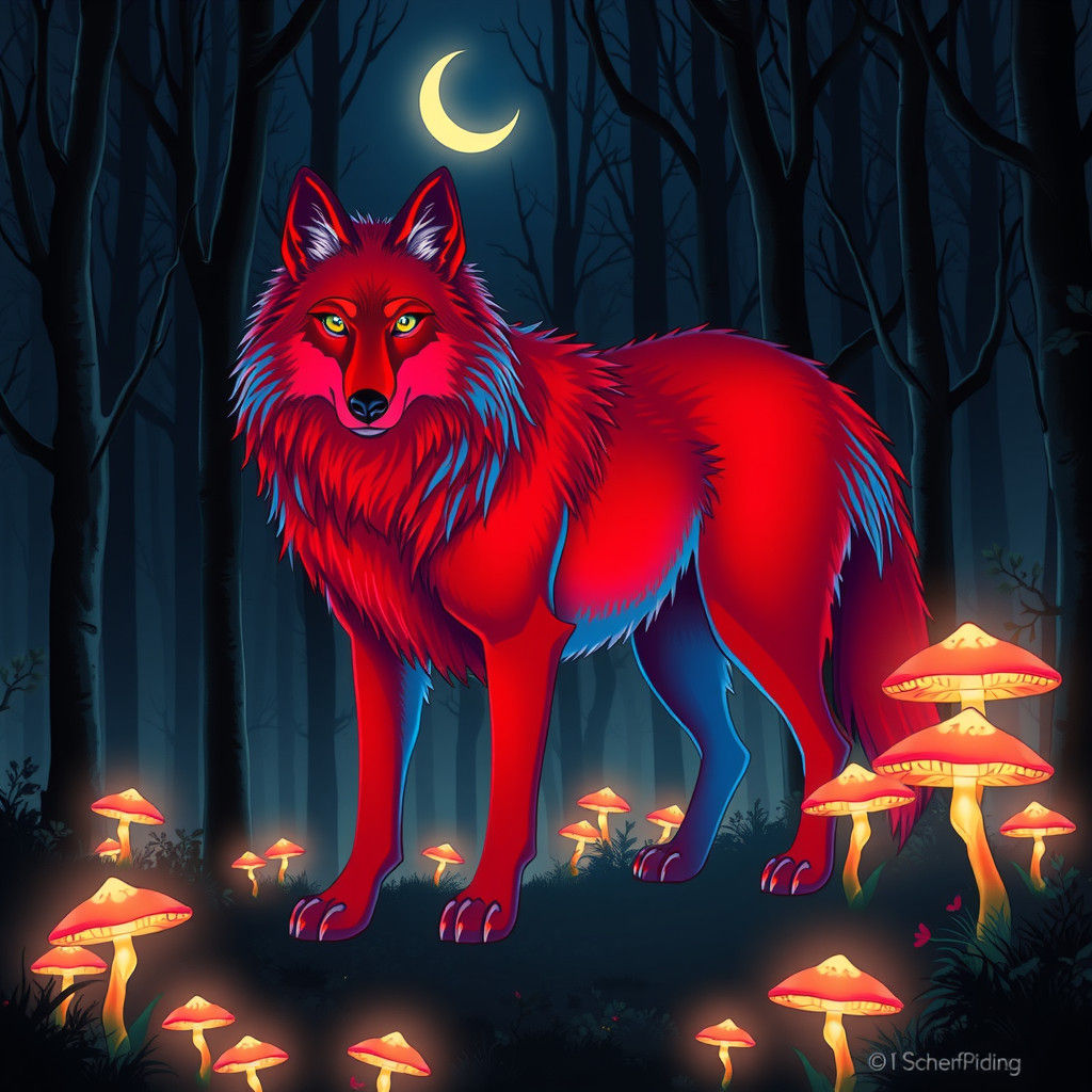 Red and Blue Wolf in Mystical Forest