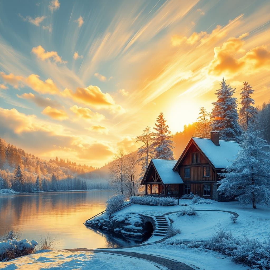 Winter Lake Village in Ink Splatter Art Style